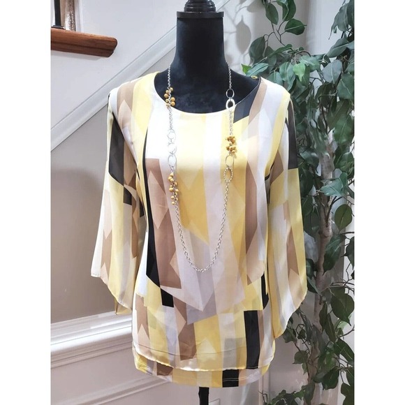 JM Collection Tops - JM Collection Women Yellow Polyester Round Neck Long Sleeve Pullover Shirt Small